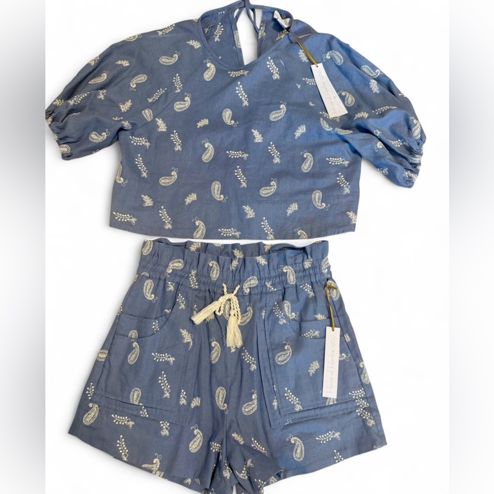 House of Harlow - Blue Paisley Two-Piece Linen Set